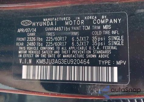 2014 Hyundai Tucson Se from USA, damaged, VIN KM8JU3AG3EU920464